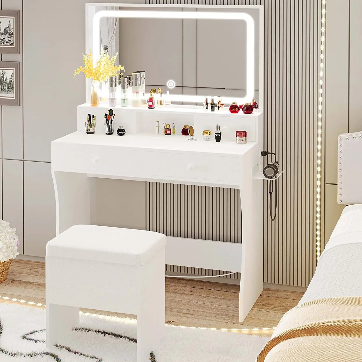 Vanity Desk LED Lighted Mirror & Dressing Makeup Table Set with Storage Stool and Hair Dr